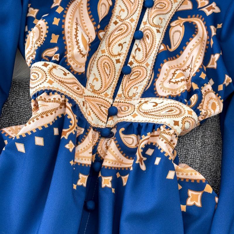 Vintage Evening Dress for Women Print Pleated Puff Sleeve Vestidos Button Designer Femme Robe Temperament Office Lady Ropa Mujer