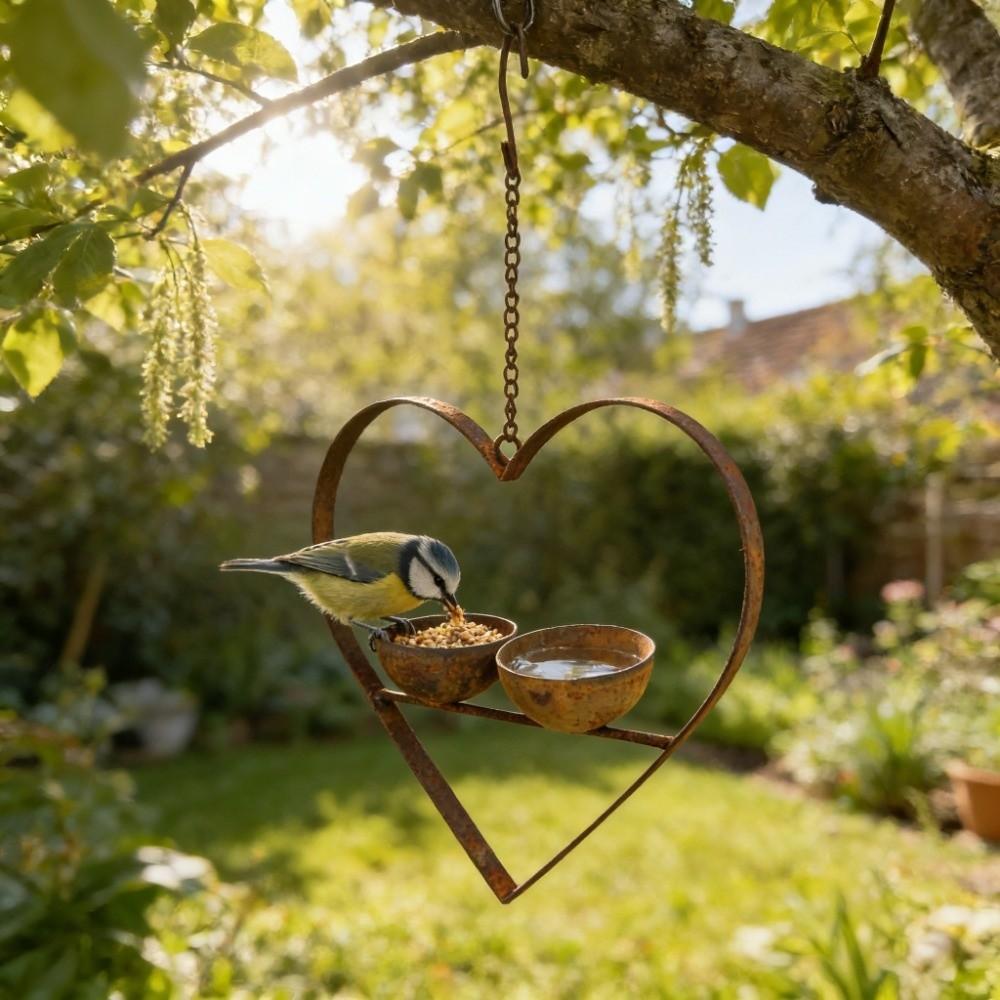 Double Bowl Hanging Bird Feeder Iron Art Bird Feeding Station Heart Shape Bird Feeder  Outdoor Use