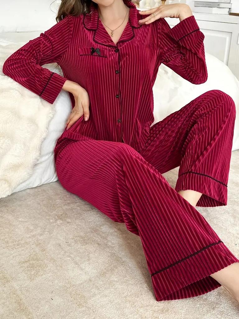 European and American cross-border pajamas bow lapel long-sleeved trousers casual women's loungewear two-piece set foreign trade