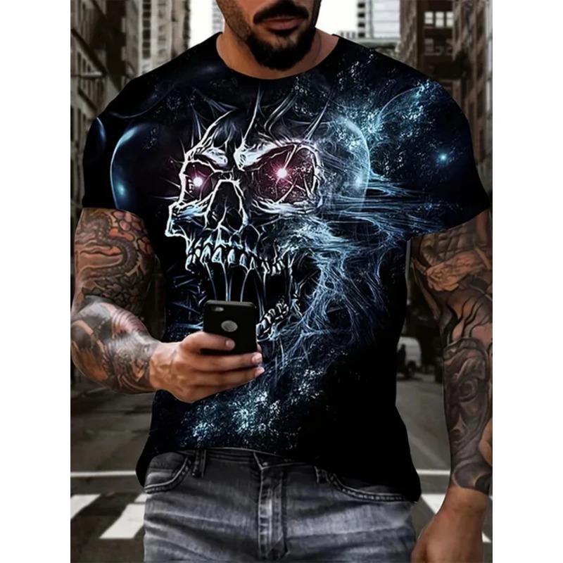 New Men's Horror Skull 3D Printed Print Retro Round Neck Short Sleeved Fashionable  T-shirt