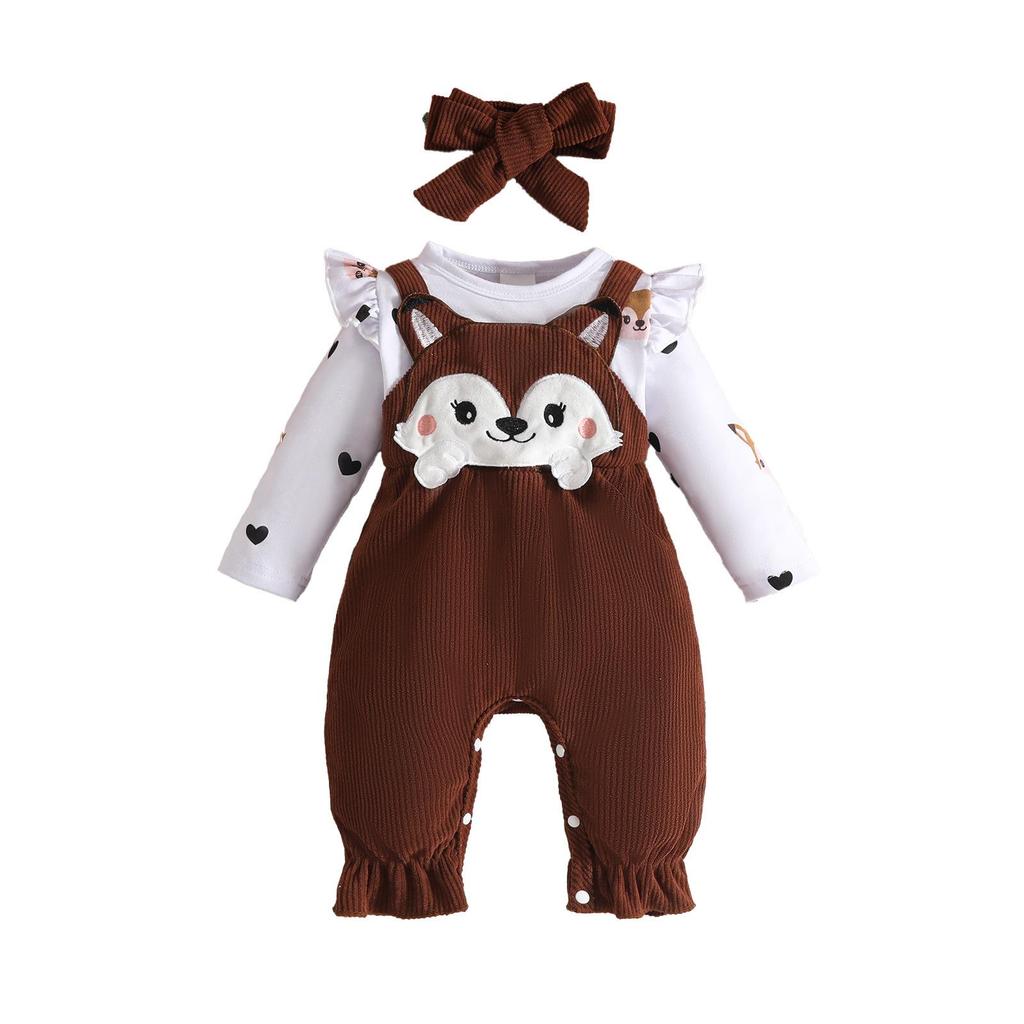 2025 Autumn/Winter Baby & Toddler Fox Heart Print Long Sleeve Footed Romper with Faux Straps & Headband