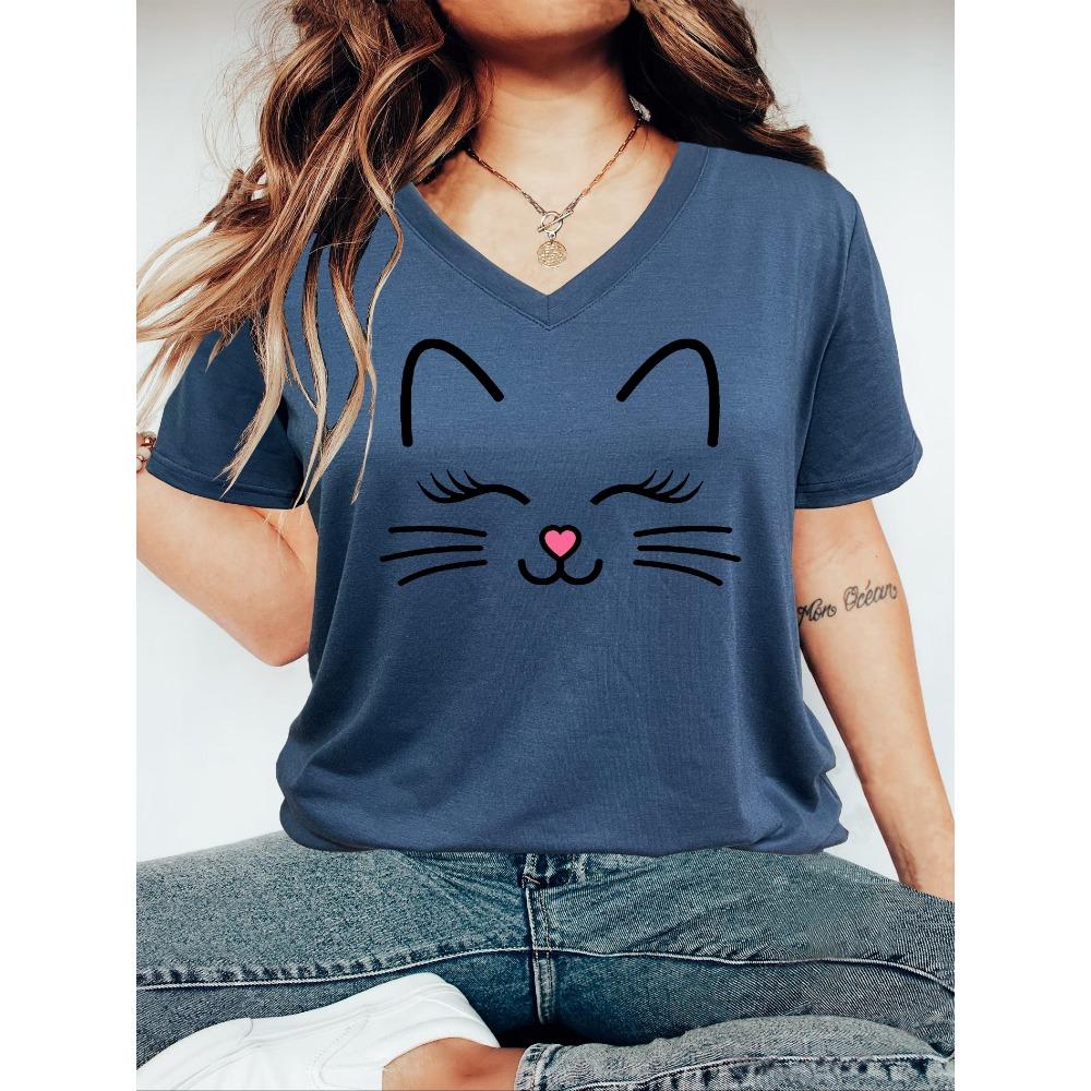 Übergröße Cartoon-Katzen-Print T-Shirt, Lässiges V-Ausschnitt Kurzarm-T-Shirt, Damen Übergrößen Bekleidung