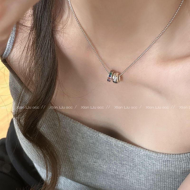

Accessible Luxury Double Ring Female Clavicle Chain Niche Design Colorful Crystals Rainbow Diamond Round Wheel Letter Necklace