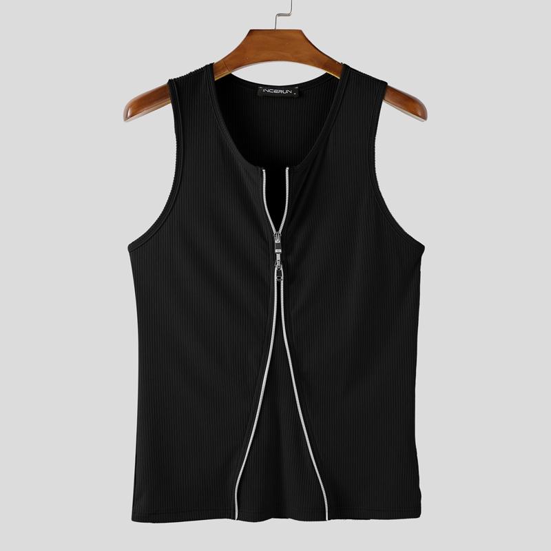 

INCERUN Men Summer Round Neck Sleeveless Zip-up Casual Fitted Rib Tank Tops XL чёрный