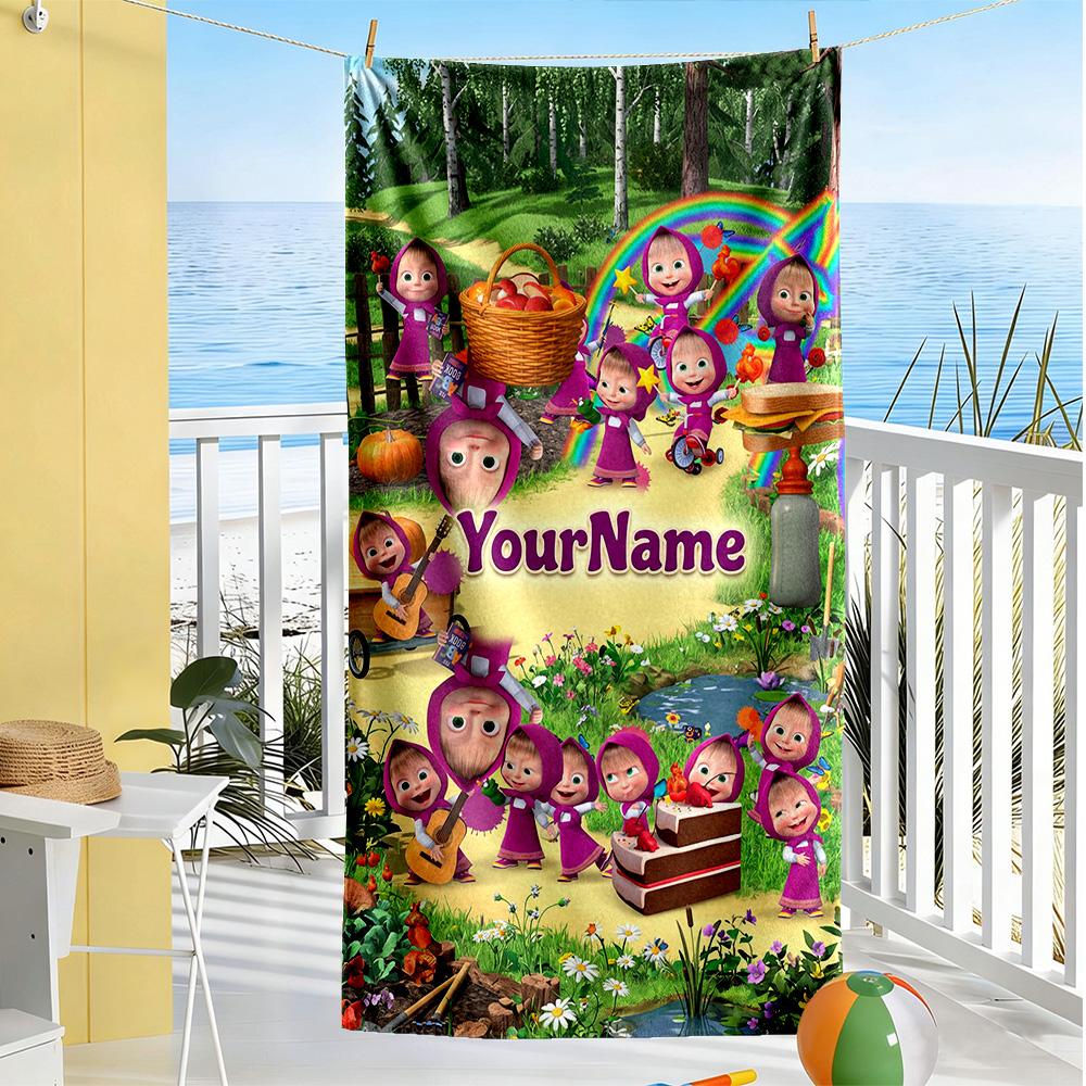 Masha Bear Customized Name Beach Towel Super Soft Microfiber Quickdry Fabric Perfect for Traveling Yoga Camping and Swimming