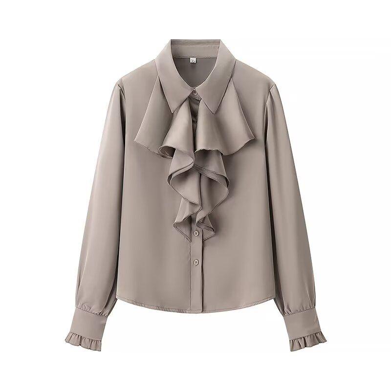 Kaslead New Women clothes Western Style Fashion Silk Satin Texture Frill Long sleeve Shirts