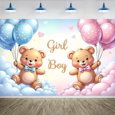 2D Flat Pastel Blue Pink Teddy Bear Backdrop for Gender Reveal and Baby Shower Party