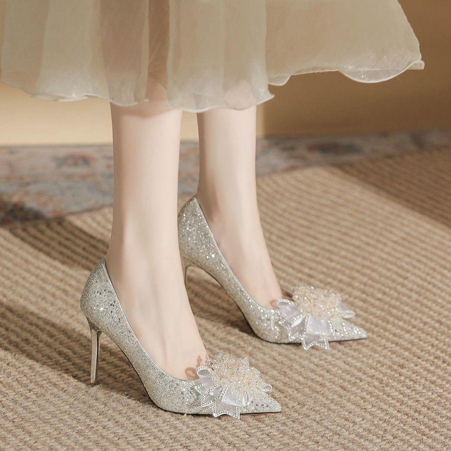 Beautiful Pointed Head Shallow Mouth Stiletto High Heels Women's Spring and Summer New Fashion Versatile Comfortable Bow Single Shoes