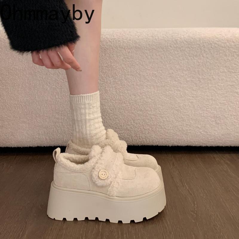 Vintage Women Fur Lining Chunky Loafer Shoes Comfrot Warm Snow Shoes  Spring Height Increase Ladies Dress Slip On Shoes