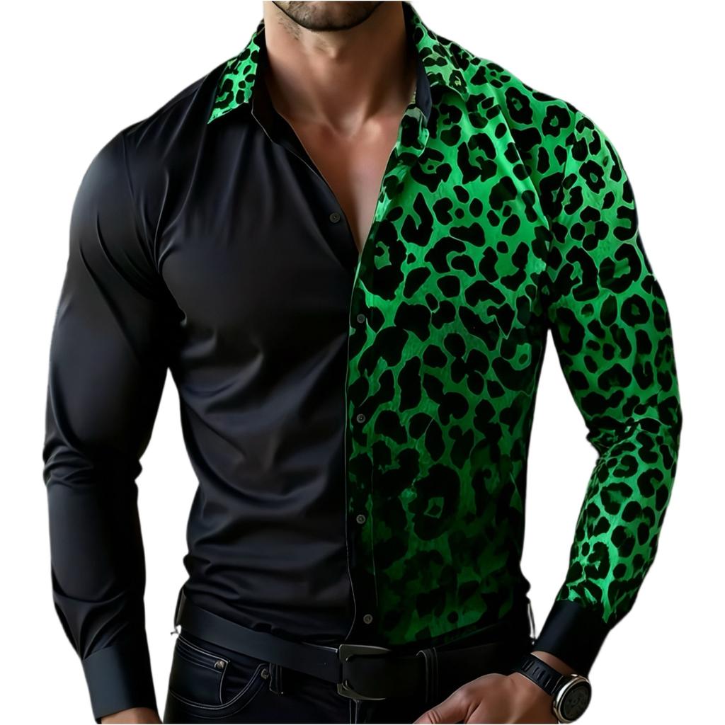 Camicia da uomo casual per le vacanze, con stampa leopardata, manica lunga, colletto a revers, bottoni