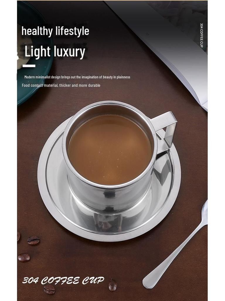 304 Stainless Steel Double-Layer Insulated European Coffee Cup Set - 3-Piece