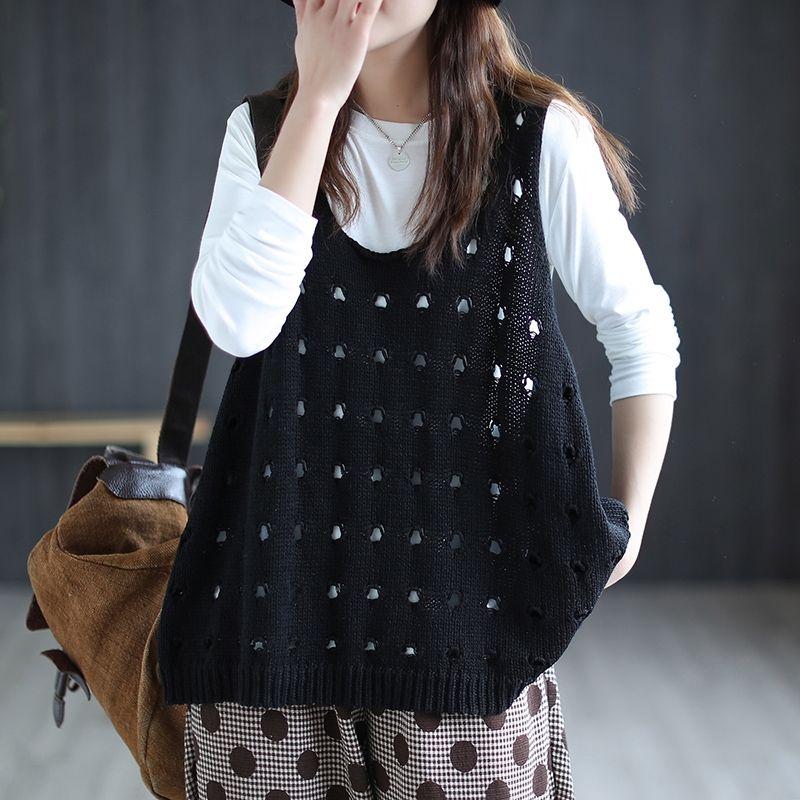Women's Plus-Size Hollow-Out Knitted Gilet Vest Loose Outer-Wear Casual Sleeveless Cardigan for Spring and Summer