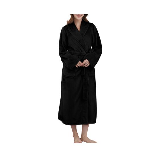 

Халат с лацканами, длинными рукавами, из мягкой фланели, длинный, для пары, домашняя одежда, халат с карманами, пояс на талии, ночная одежда M чёрный