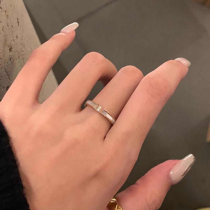 Micro-inlaid White Shell & Diamond Gold-Plated Ring In Titanium Steel for Women