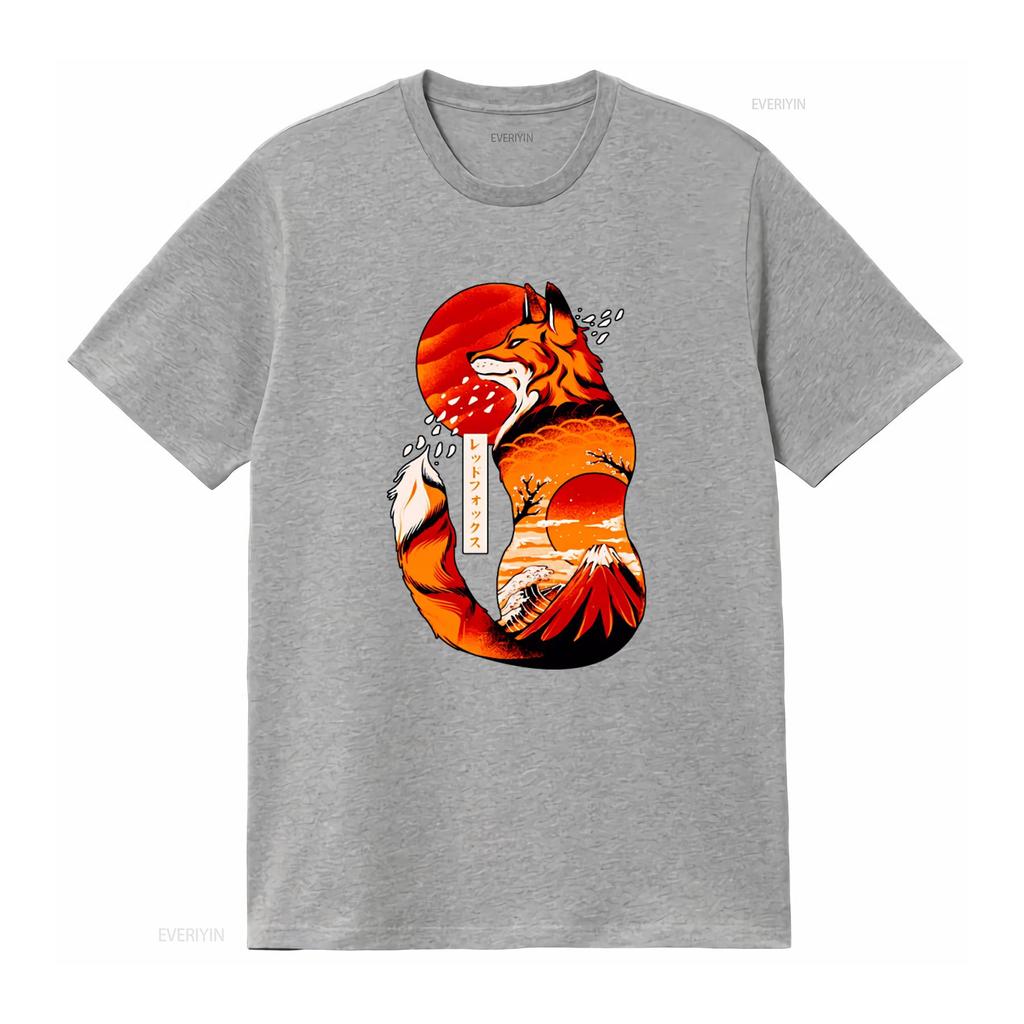 Japanese Fox Print T Shirt for Cool Vintage Washed Slightly Breathable Unisex Casual Soft Designer Clothes Streetwear