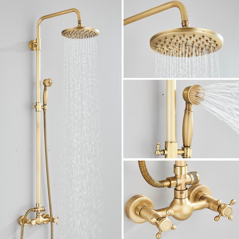 Set Rubinetteria Doccia in Ottone Antico Montaggio a Parete Kit Doccia Retrò Miscelatore a Doppia Manopola Doccetta Kit Vasca da Bagno