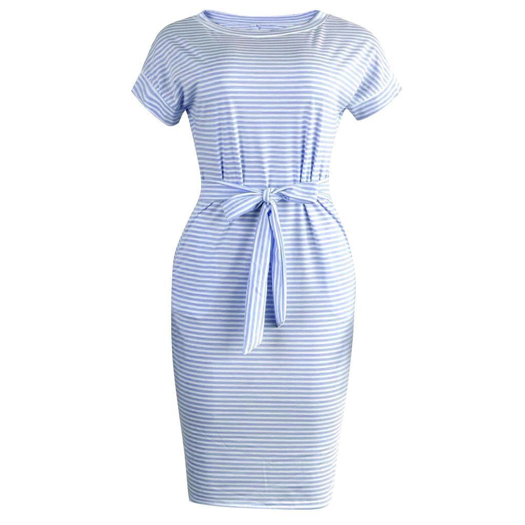 Fashion Womens Loose Summer Short Sleeves Round Neck Casual Striped Belt  Dress