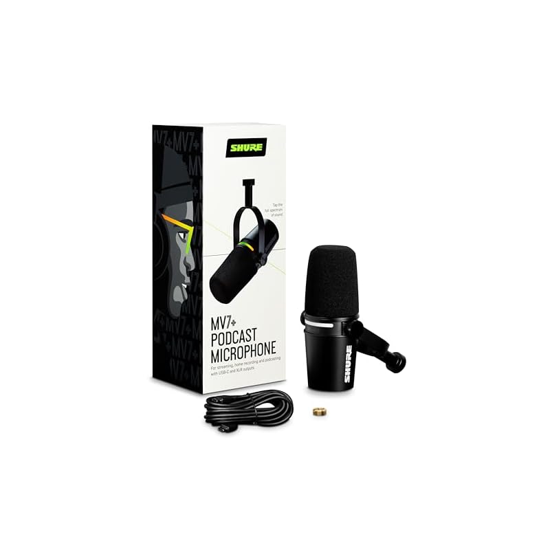 Shure MV7+ Podcast Microphone with Enhanced Audio, LED Touch Panel, USB-C & XLR Output, Auto Level Mode, Digital Pop Filter, Reverb Effect, for