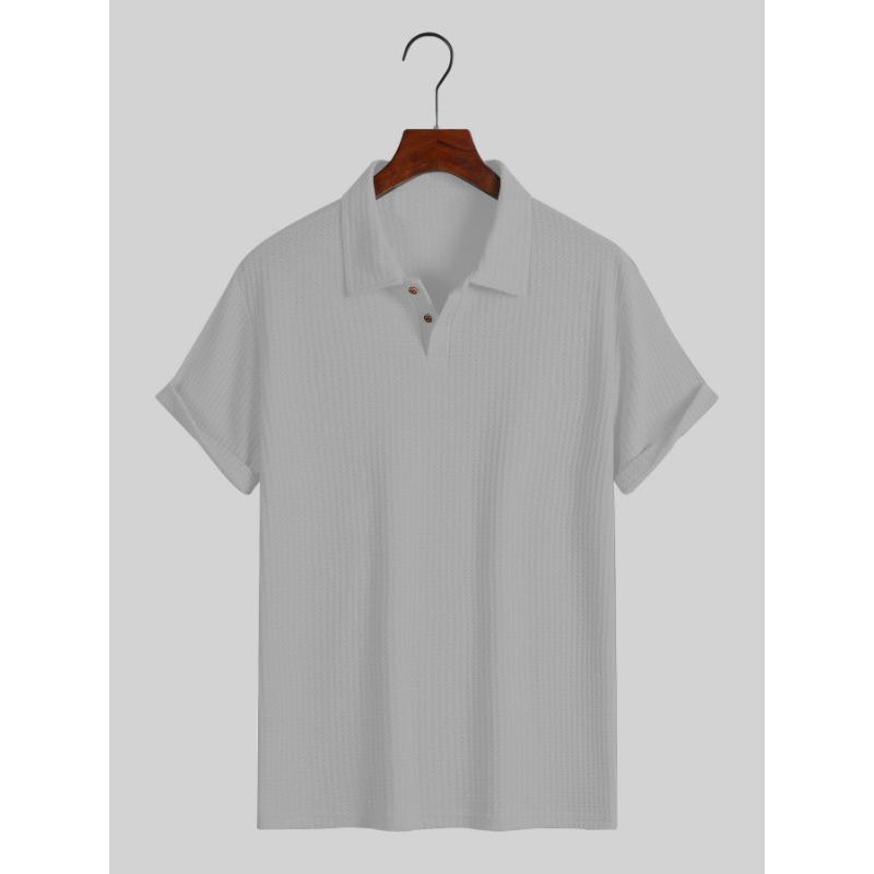 

Men s White Waffle Knit Polo Shirt Short Sleeve Button Down Collar Casual Business Top S сірий колір