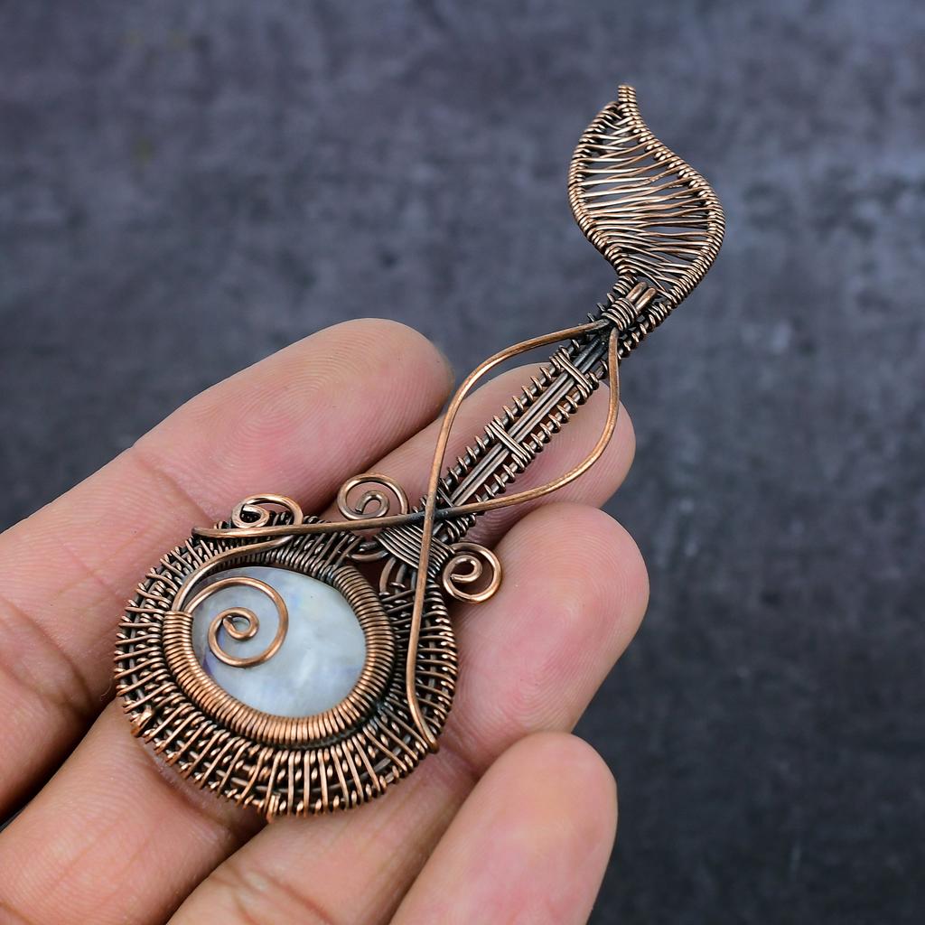 Natural Moonstone Gemstone Handmade Copper Wire Wrap Jewelry Pendant 3.35" z3C19