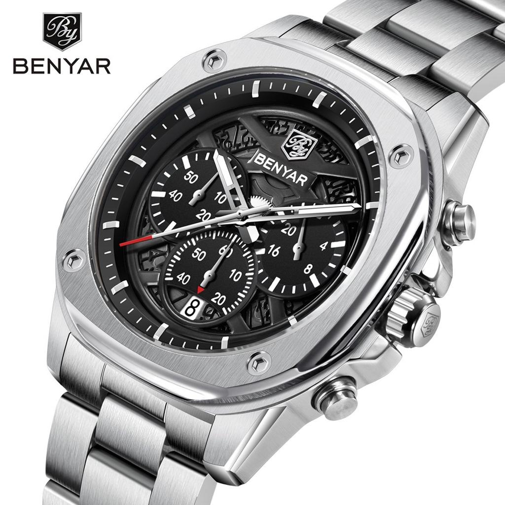 BENYAR Fashion Men Quartz Watch Stainless Steel Strap Retro Sports Watches For Man Calendar Luminous Waterproof Reloj Hombre
