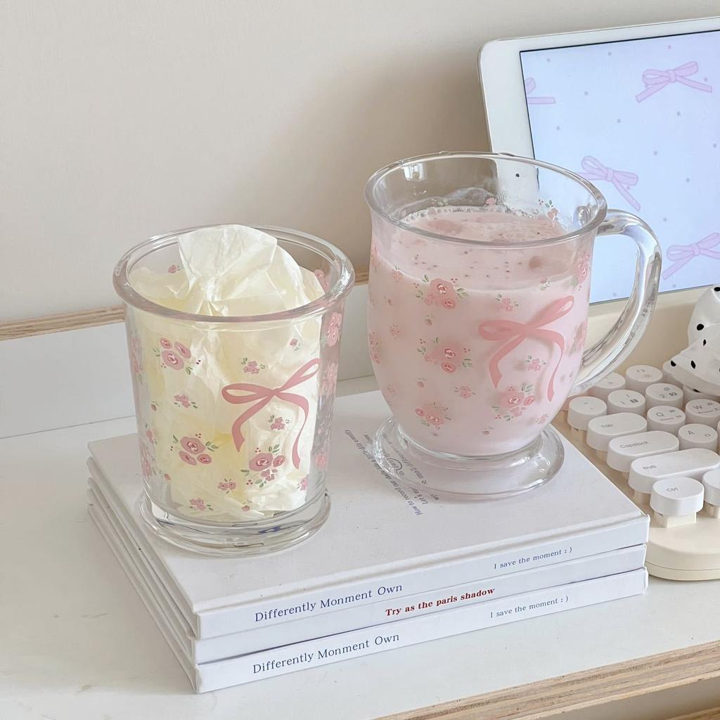 Kawaii Bowknot Glass Cups Bow Knot Rose Glass Milk Cup Fragmented Flowers Cold Extract Cup for Drinkware Coffee Breakfast Cup