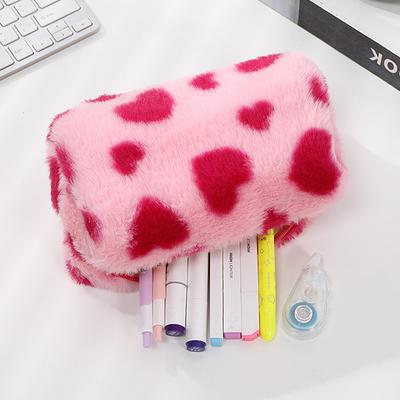 Cute Plush Cosmetic Bag Colored Love Pattern Makeup Organizer Storage Pouch Travel Portable Zipper Makeup Bag Large Pencil Case