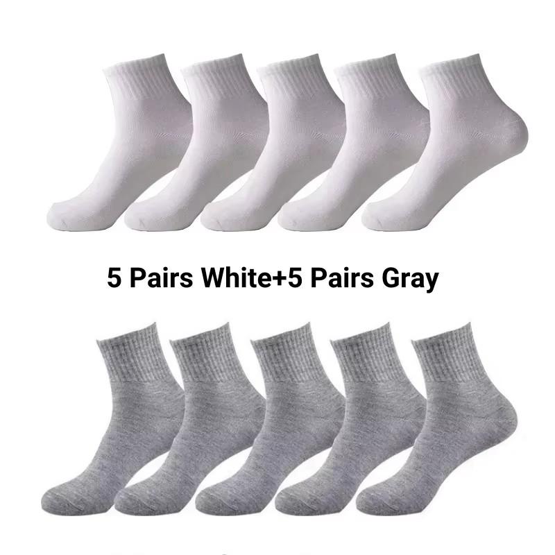 10 Pairs Men‘s Solid Color Mid-Calf Socks Breathable Comfort Sports Casual Work Socks White Black All Seasons EU 37-44 US 6-12