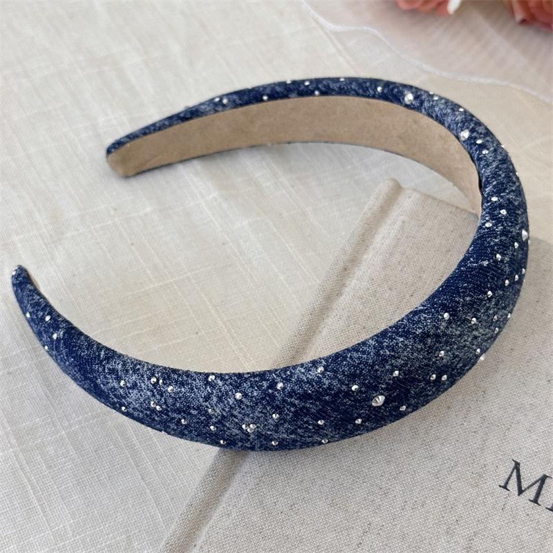 Fashion Women's And Girls Denim Headbands with Sponge Padding 3CM Width Full Rhinestones Padded Hairbands