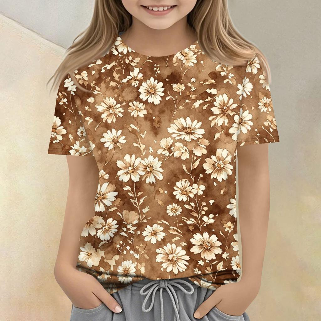 Girls Floral Print Casual Loose Fit Short Sleeve T Shirt Crew Neck Comfortable Everyday Wear Top for Kids