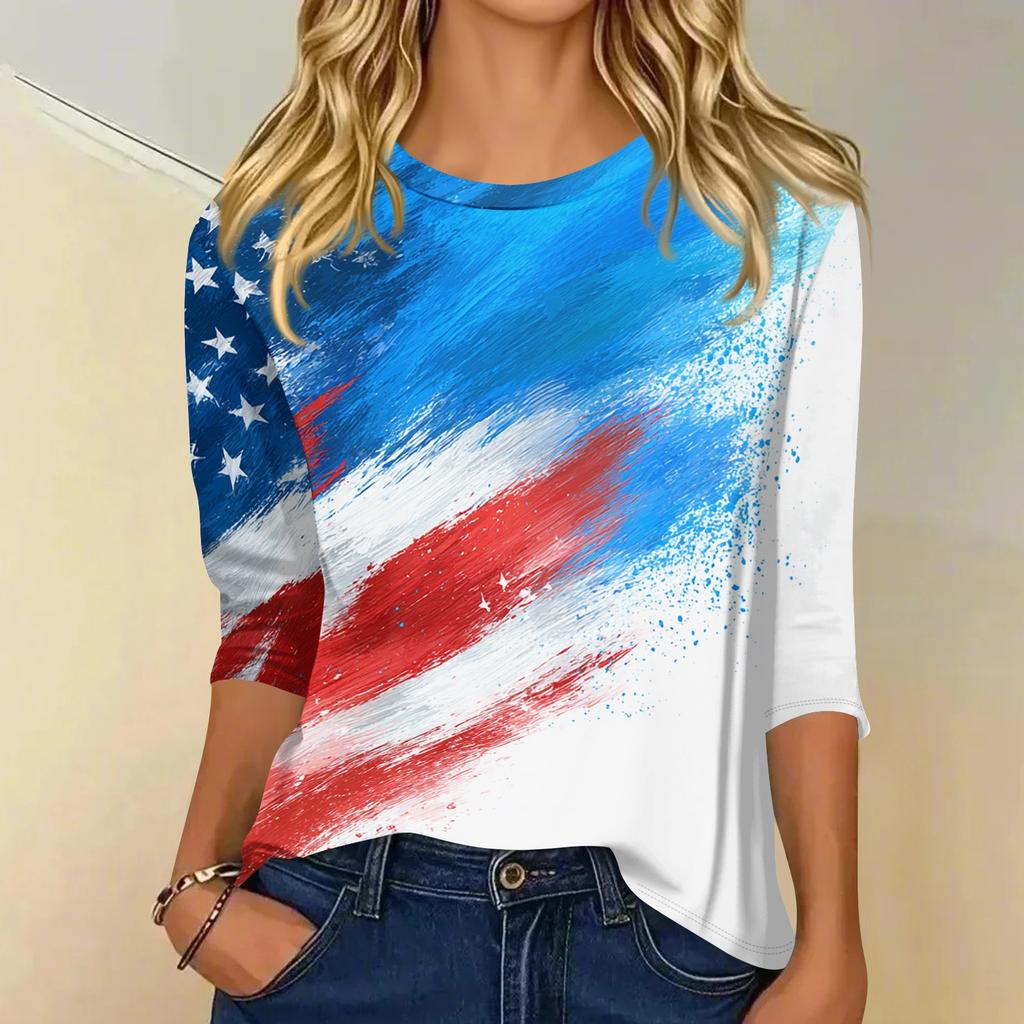 Women's fashionable casual round neck three-quarter sleeve Independence Day printed T-shirt top