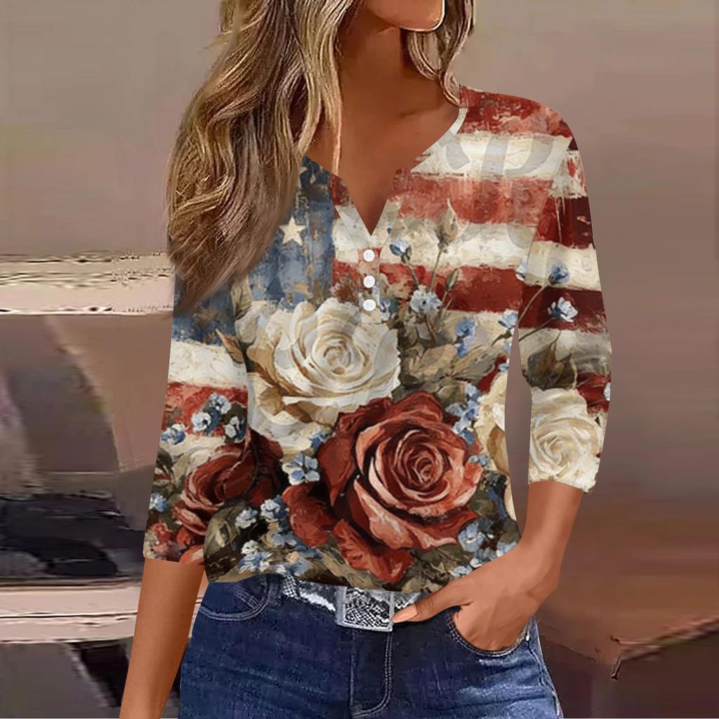 Women's Fashion Casual Independence Day American Flag Stars and Stripes Print Collar V-Neck Three-Quarter Sleeve Decorative Button-Up T-Shirt Top