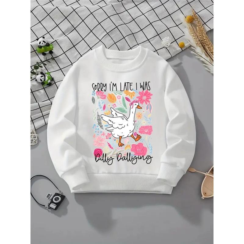 European sizes Kids' Crewneck Sweatshirt - Duck with Flowers And Text , Sportswear And Casual Wear, Soft And Comfortable, Children's Clothing
