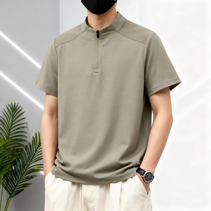 Men's Half Zip Short Sleeve Polo - Casual Stand Collar T-Shirt