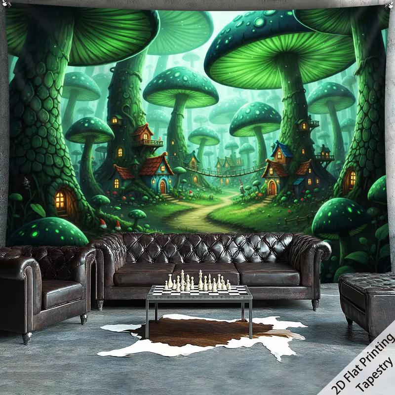 2D Enchanted Mushroom Forest Tapestry Fantasy Fairy Village Wall Hanging 47.2x31.5inch/120*80cm