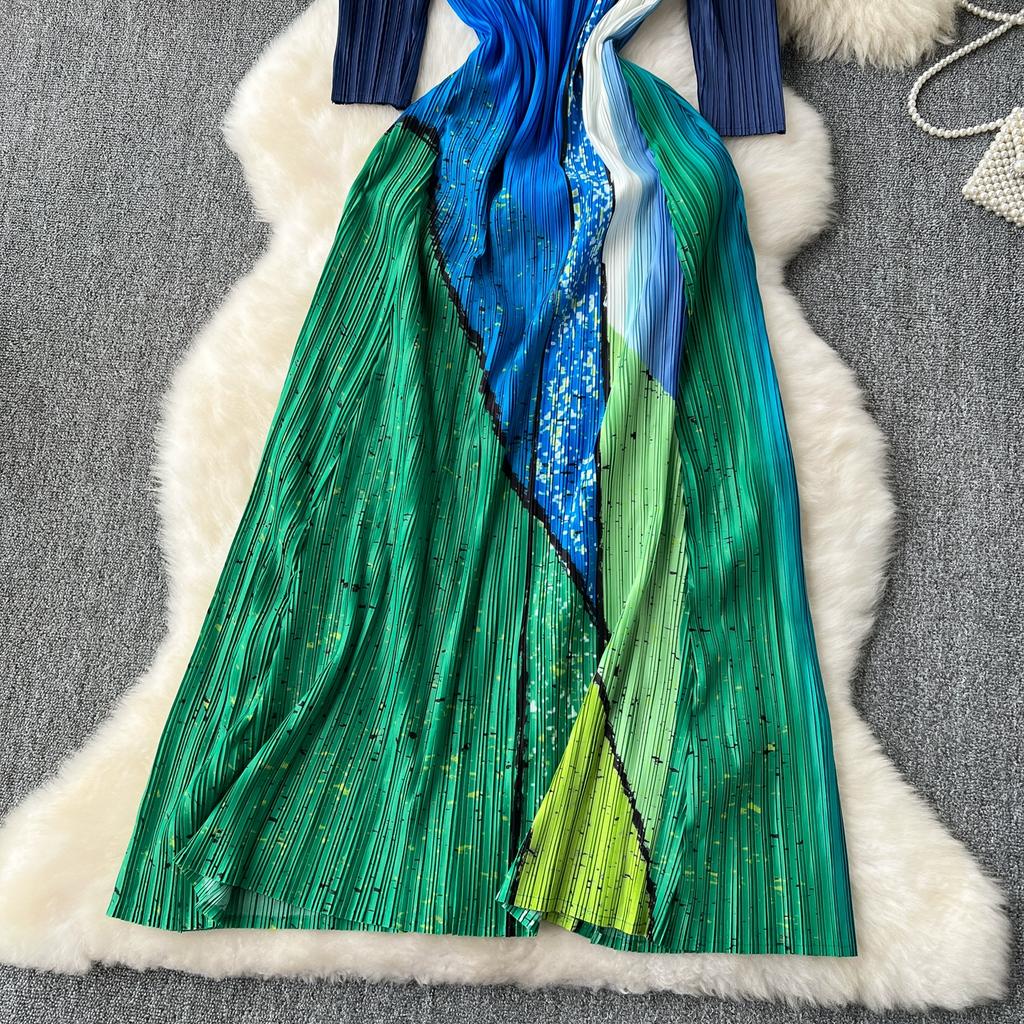 Summer Women Designer Print Gradient Color Runway Dresses Long Maxi Oversized Loose Pleated Party Robe