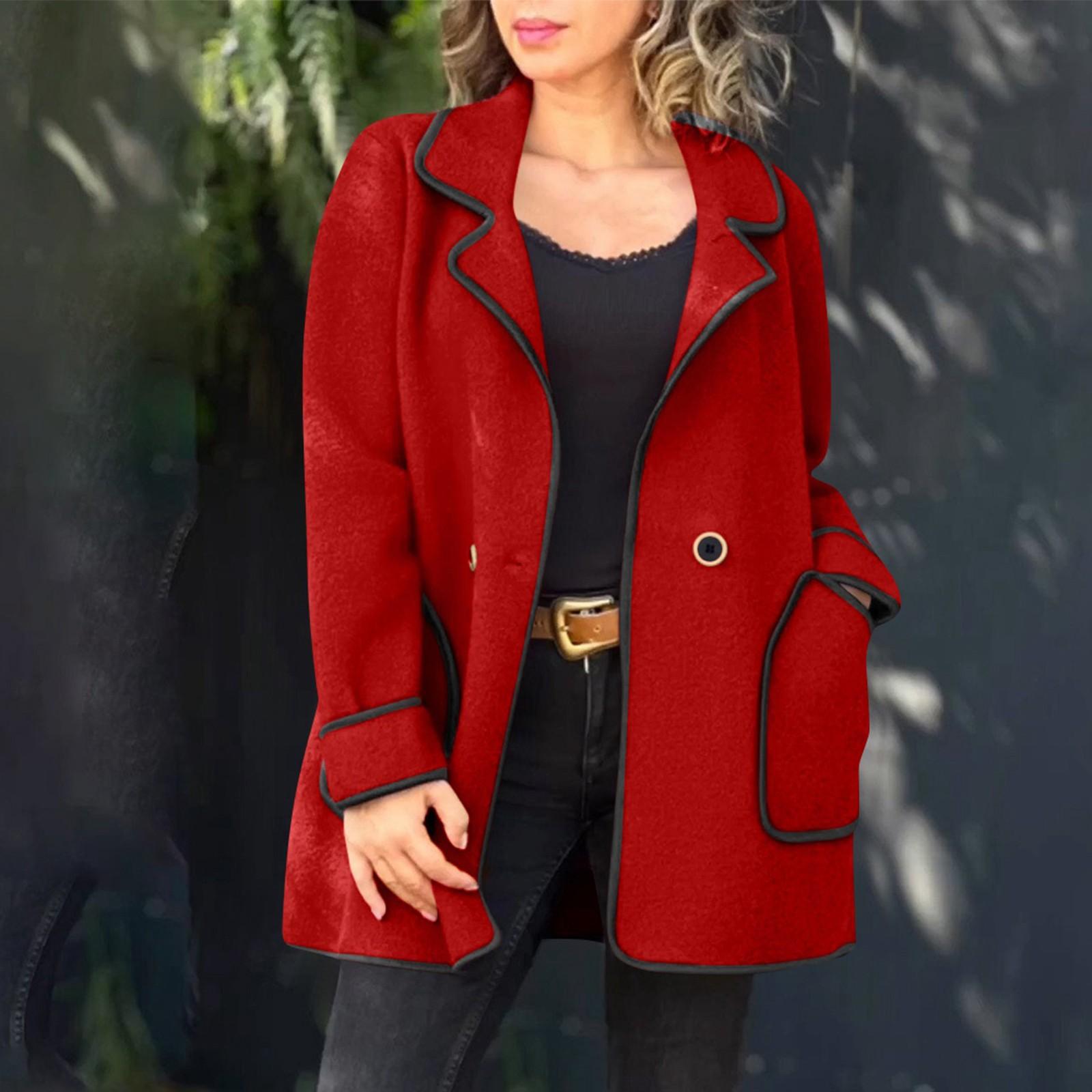 

Женское повседневное модное однотонное пальто с длинными рукавами и воротником из шерстяной ткани XL красный