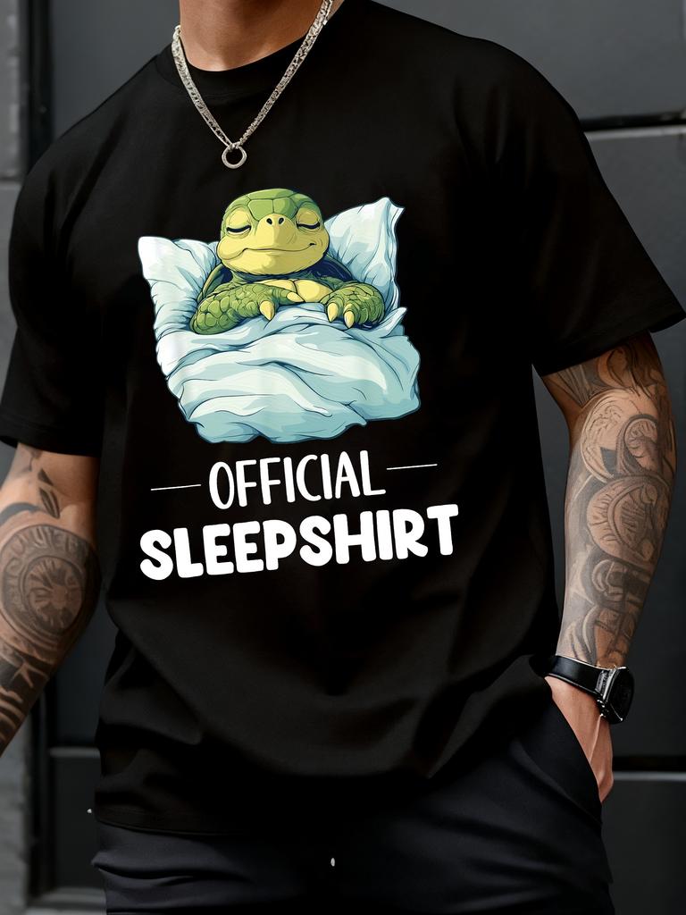 Interesting Sleeping Turtle Pattern T-shirt - Casual Street Style, Perfect Gift for Animal Enthusiasts, Black with White Prin...
