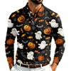 Herren Langarm Poloshirt Leichtes Atmungsaktives Netzgewebe Lässiges Hemd mit Knöpfen Halloween Geister-Aufdruck Design