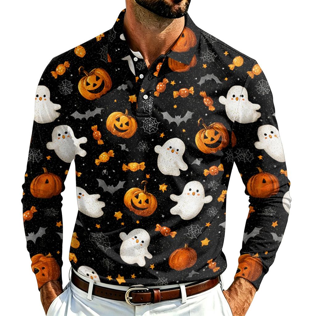 Herren Langarm Poloshirt Leichtes Atmungsaktives Netzgewebe Lässiges Hemd mit Knöpfen Halloween Geister-Aufdruck Design