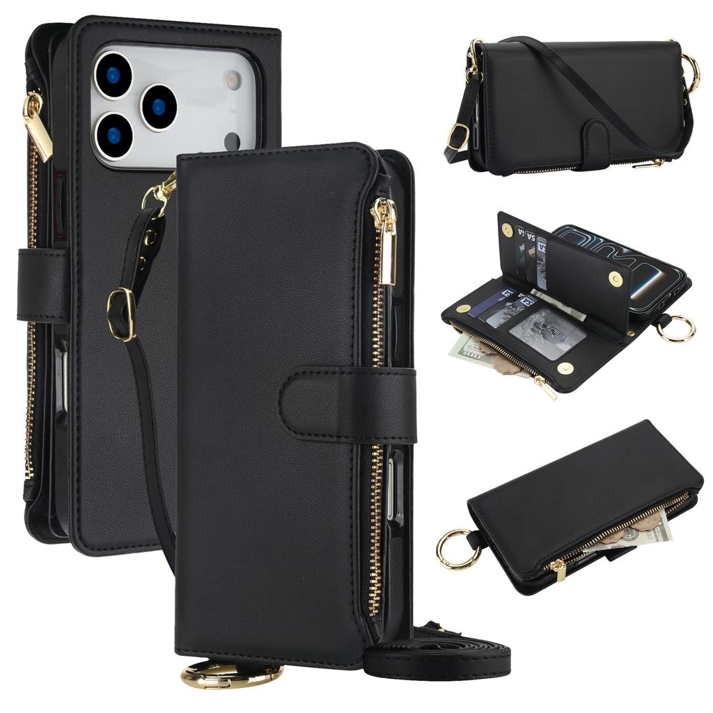 Reißverschluss Umhängetasche Geldbörse Handyhülle für iPhone 17 Pro Max Samsung S26 Ultra, Leder Klapp-Kartenhalter Hülle mit Handgelenkschlaufe
