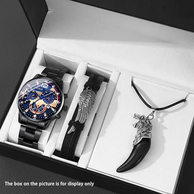 3pcs/set Men'sBusiness Alloy Stainless Steel Pointer Quartz Wrist Watch & Bracelet Necklace Set