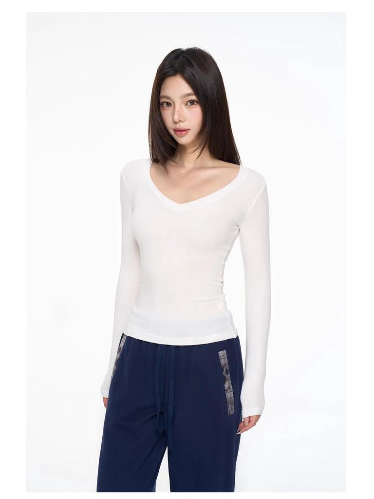 Women's V-Neck Lyocell Long-Sleeve Slim-Fit Top - Spring/Autumn Versatile Layered Design