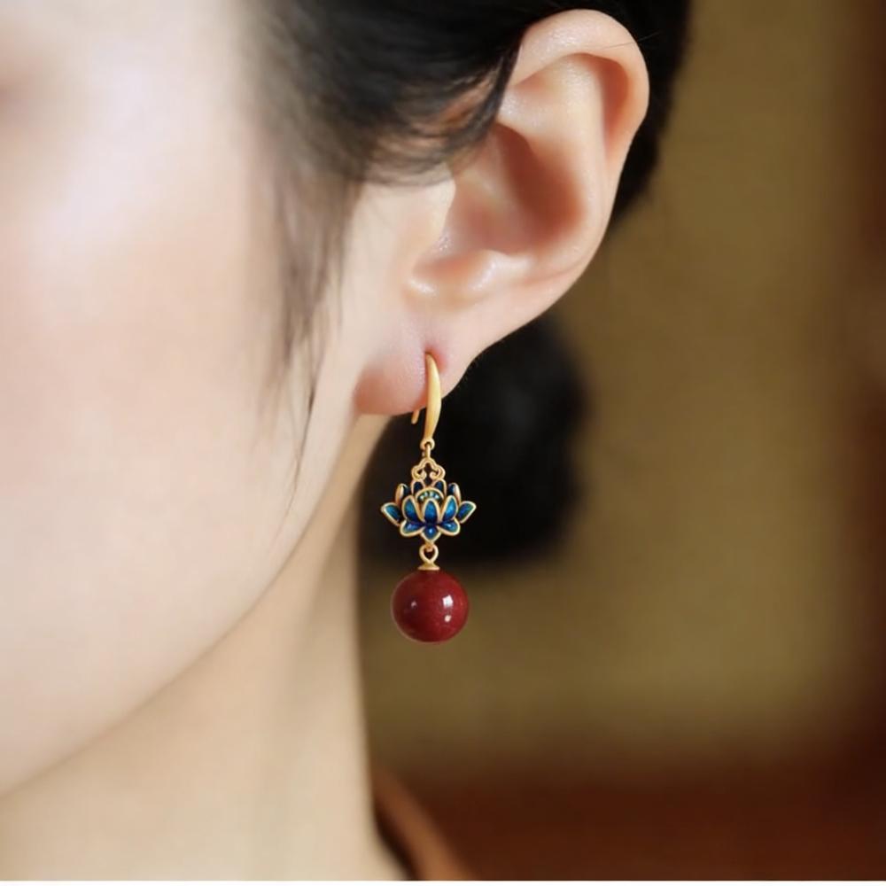 Sandalwood Red Lotus Earrings Chinese Style Earrings Elegant Design Retro Vintage Qipao Accessories Women Personalized Jewelry