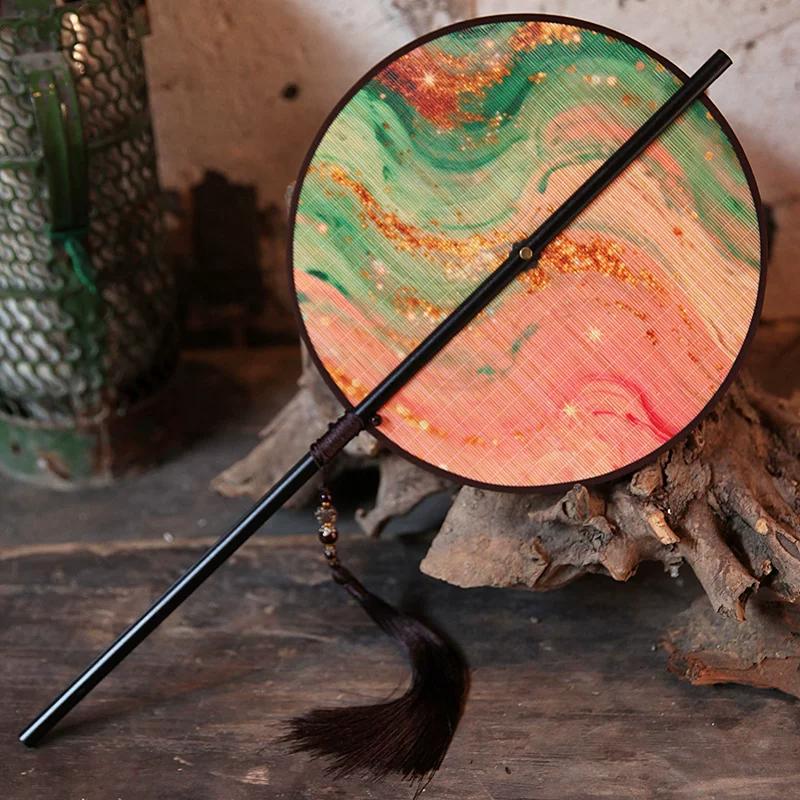 Dunhuang Retro Fine Bamboo Fan, Round Fan with Tassels and Long Handle, Can Be Curled Into a Palace Fan for Dancing and Photography