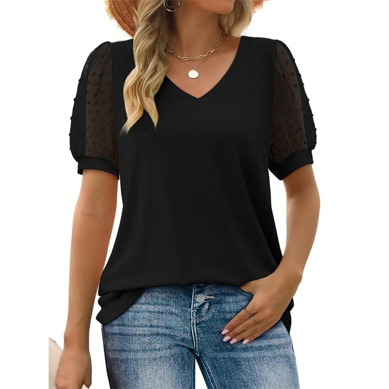 Elegant Jacquard Splicing Lace Short Sleeve Women T-Shirt Summer V Neck Casual Loose Tees Female Comfortable Office Commuter Top