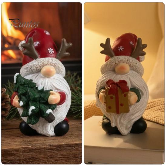 Christmas Home Accents Gnome Figurine, Resin Red Santa Dwarf Statue with Tree/Gift Box, Desktop Ornament Tomte Swedish Nordic for Table Mantel Office