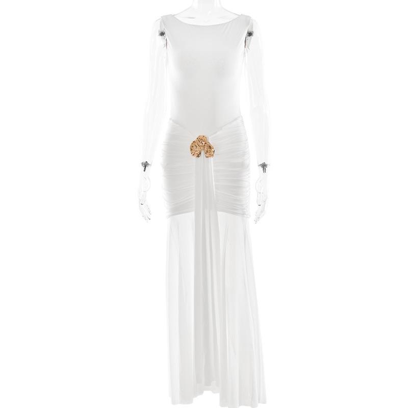 

European and American style summer new sexy sleeveless backless pleated hip-wrapped long dress temperament streamer split dress L білий