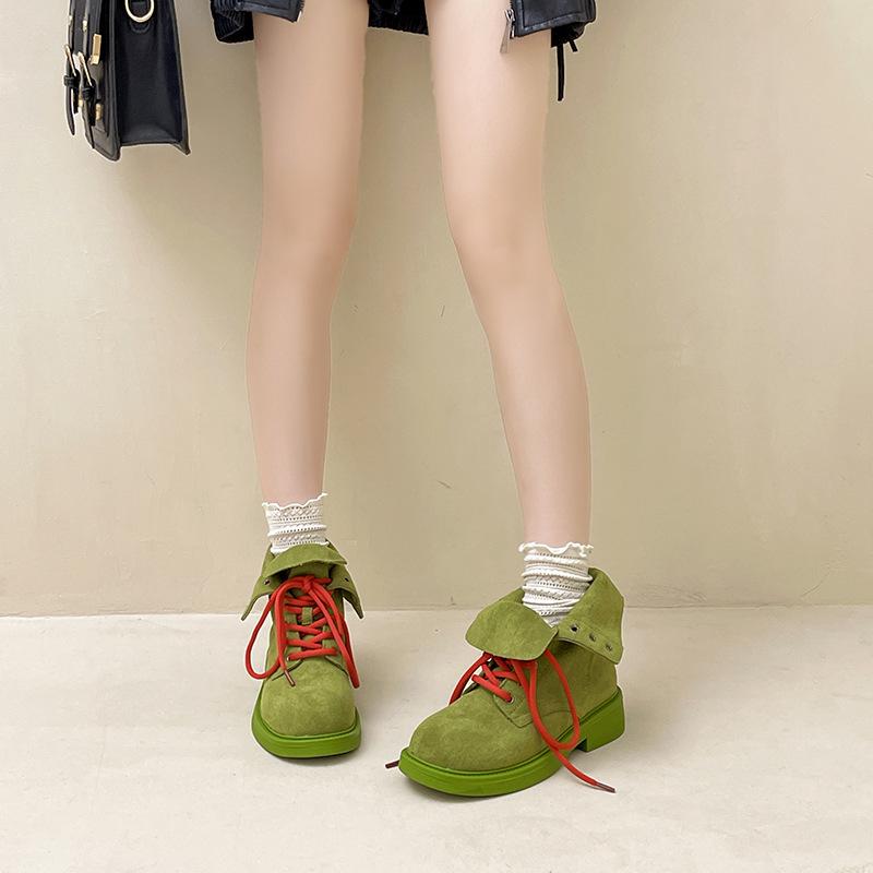 Retro contrasting color platform versatile strap-up square heel short boots autumn and winter fashion suede strap women's shoes thick heel Martin