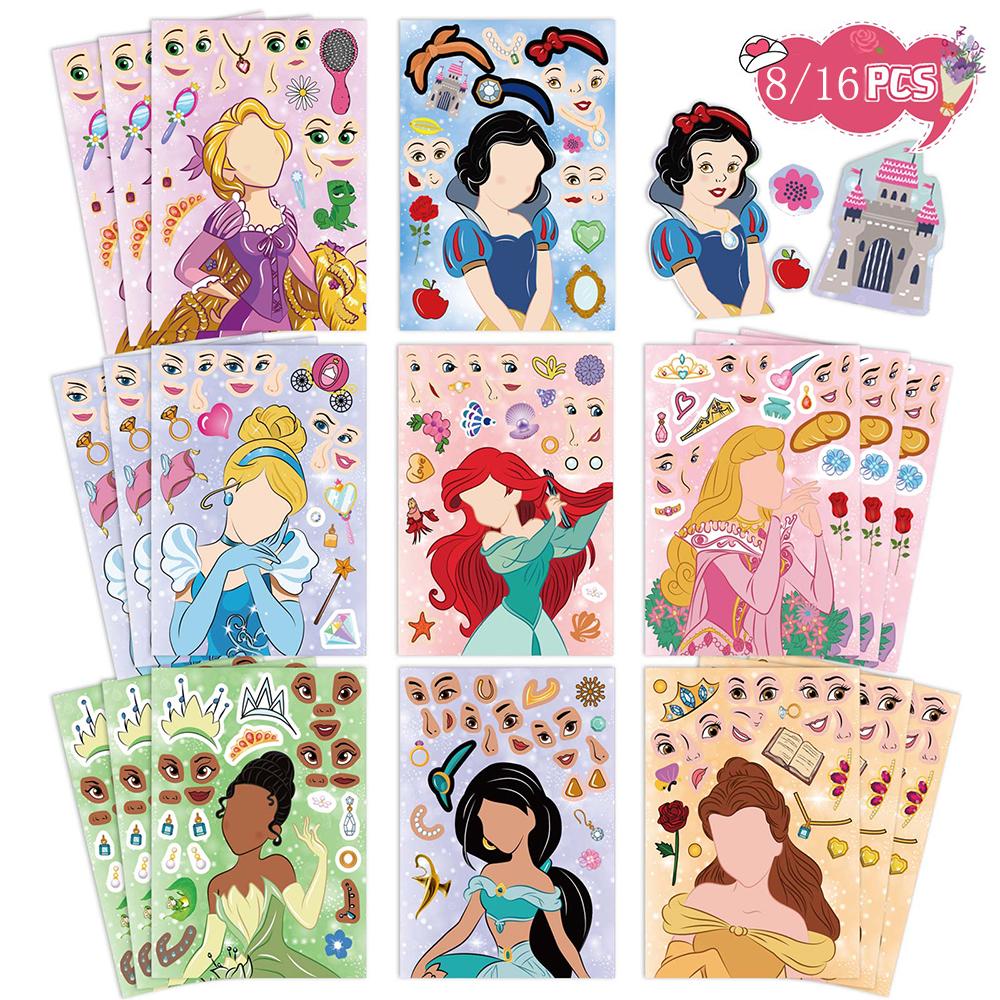 816Sheets Disney Princess Children Puzzle Stickers Make-A-Face Funny Diy Assemble Jigsaw Cartoon Sticker Kids Educational Toys